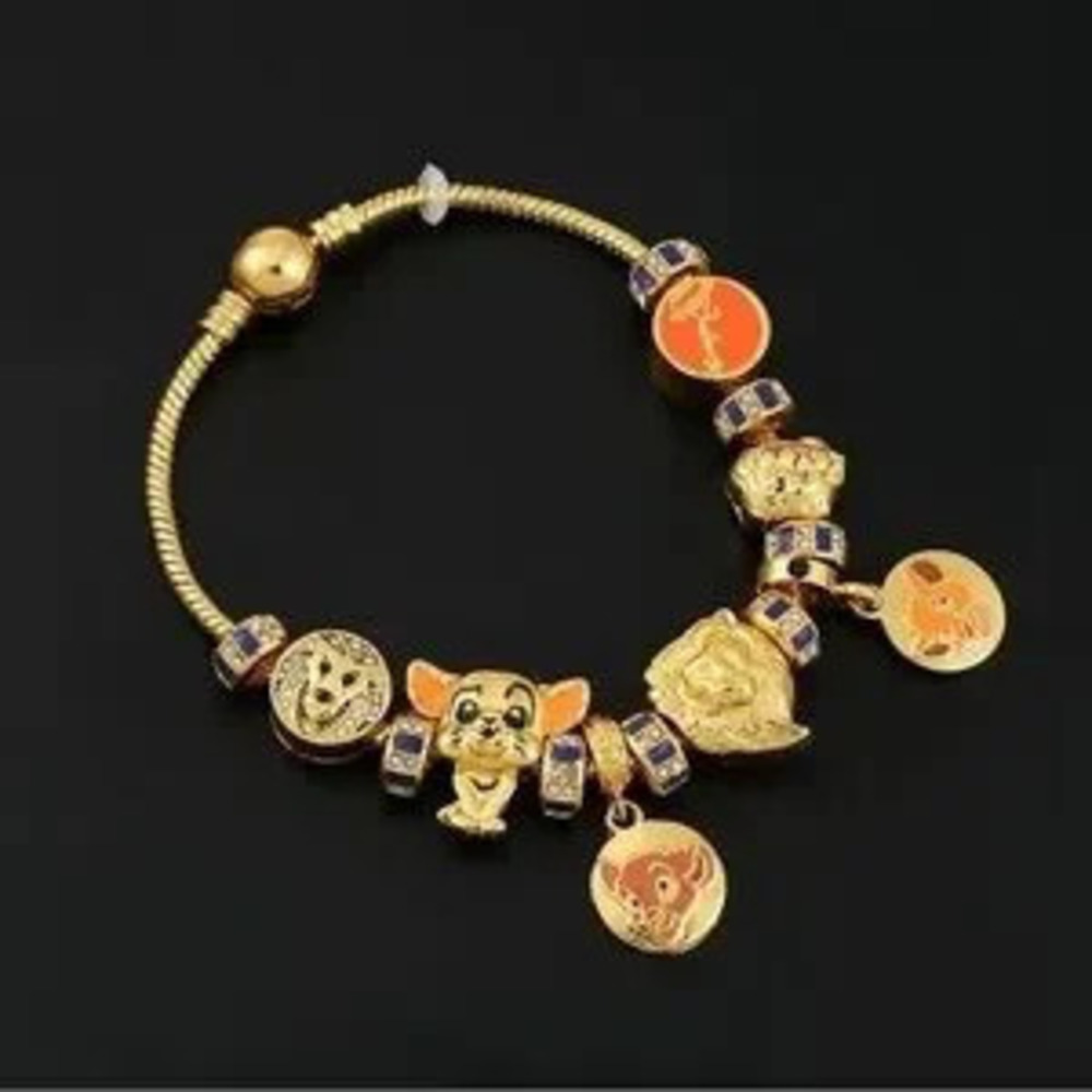 Gold Plated Disney Lion King Themed Enameled Loaded Charm Bracelet